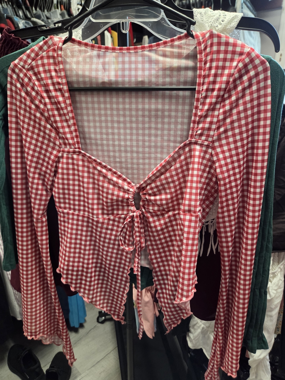 SHEIN Red Gingham Tie-Front Crop Top